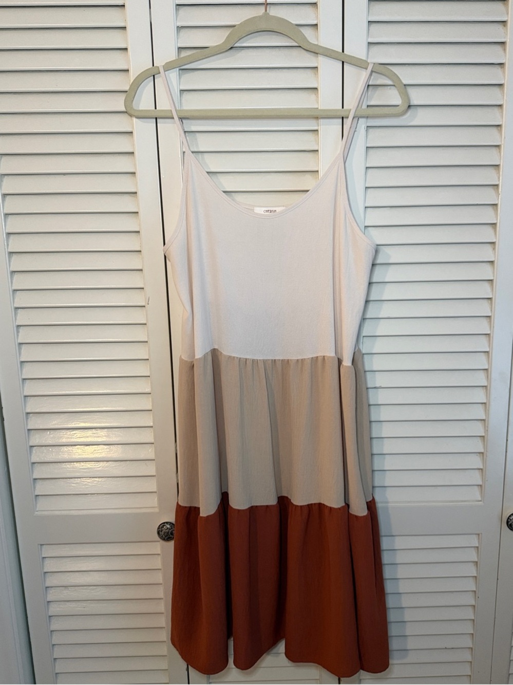 Cherish Colorblock Spaghetti Strap Midi Dress in White, Beige & Rust